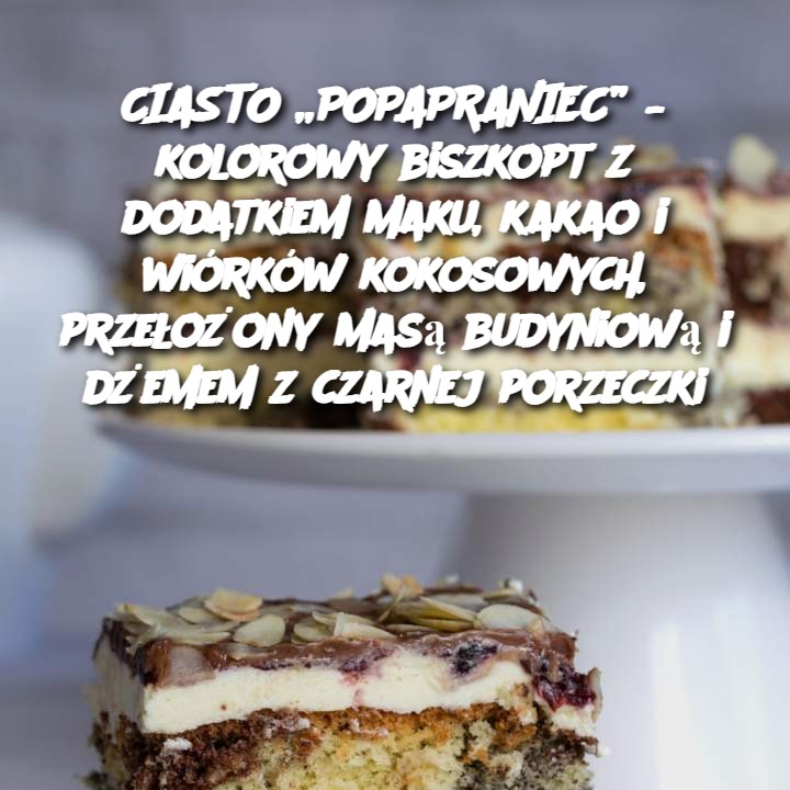 Ciasto „Popapraniec” – Kolorowy Biszkopt z Makowym, Kakao i Kokosem, Przełożony Masą Budyniową i Dżemem z Czarnej Porzeczki