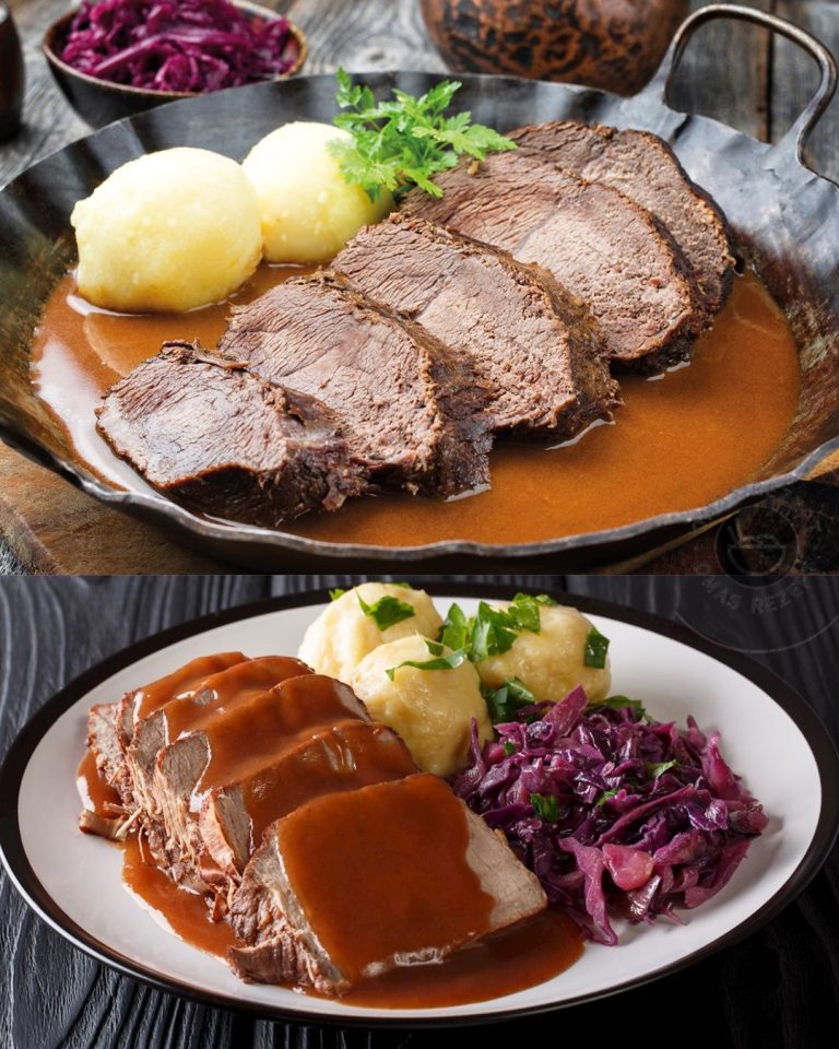 Sauerbraten to tradycyjna niemiecka potrawa z marynowanej wołowiny, znana ze swojego pikantnego smaku.