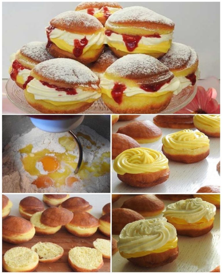 Pączki z kremem waniliowym, bitą śmietaną i konfiturą truskawkową - deser uwielbiany przez wszystkich