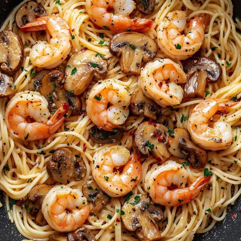 Spaghetti z krewetkami czosnkowymi i grzybami