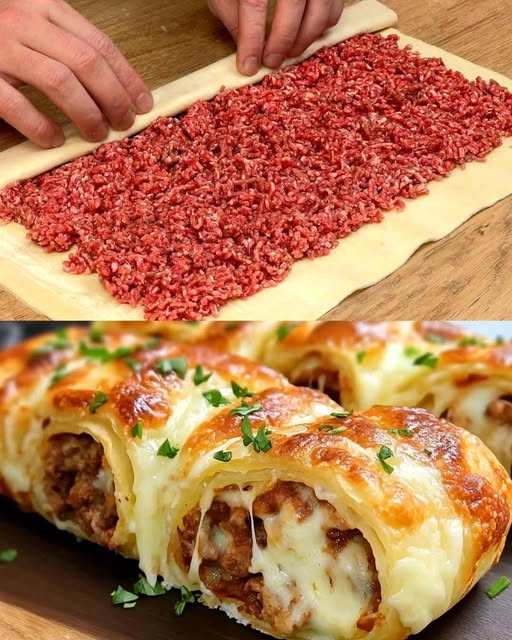 Pikantne ciasto francuskie z mięsem mielonym i serem
